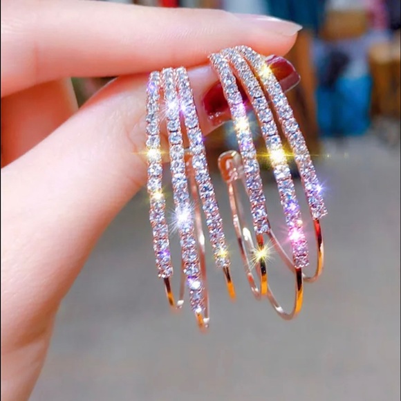 Gold Multilayered Crystal Hoop Earrings - Picture 3 of 6